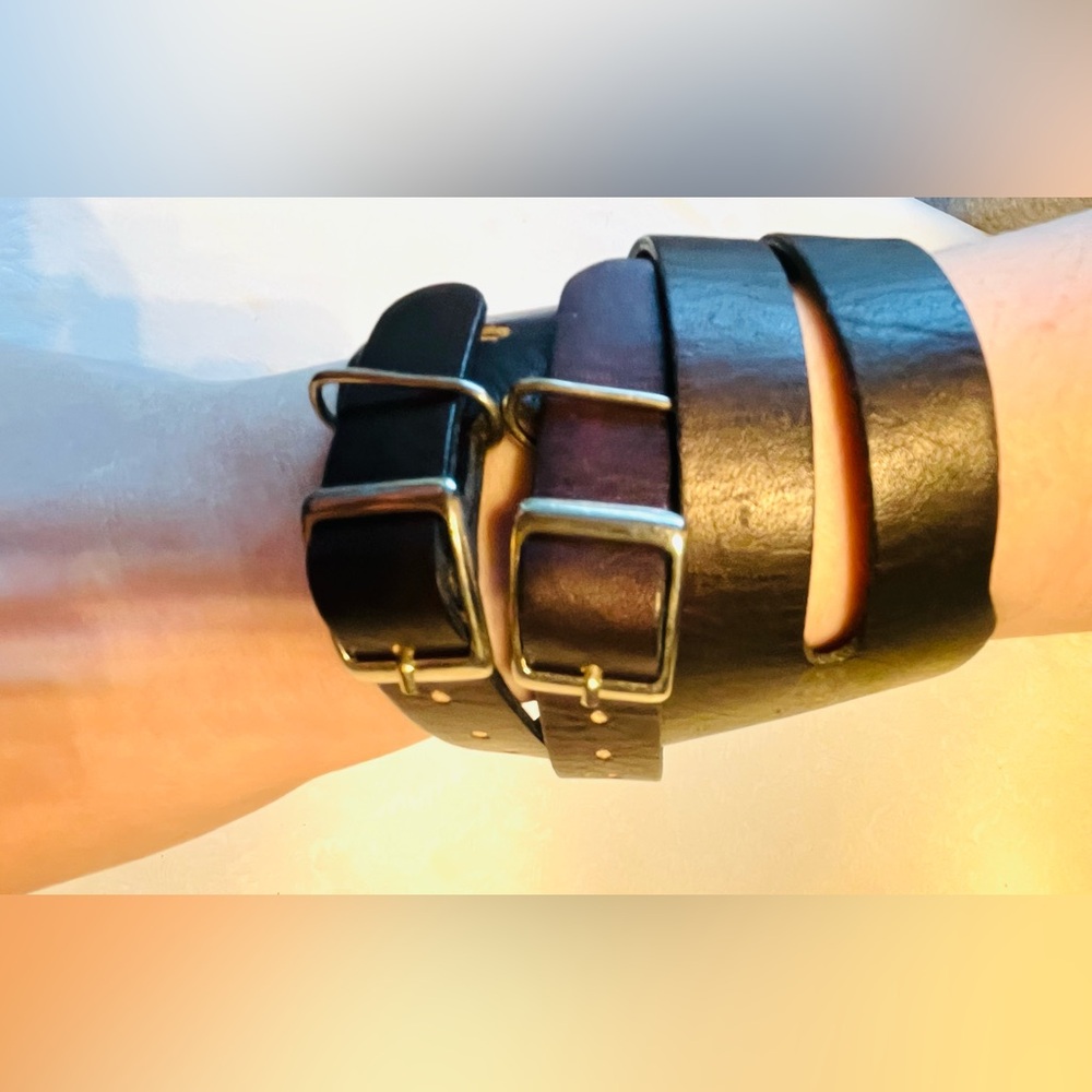 Sleek dark burgundy brown soft real leather extra long cuff bracelet two buckels